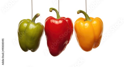 Three vibrant peppers suspe...