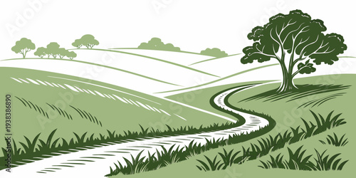 A serene countryside scene with a winding path leading through a lush green field Vector