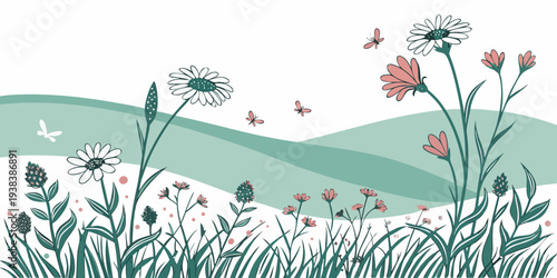 A serene landscape with wildflowers and a gentle breeze Vector