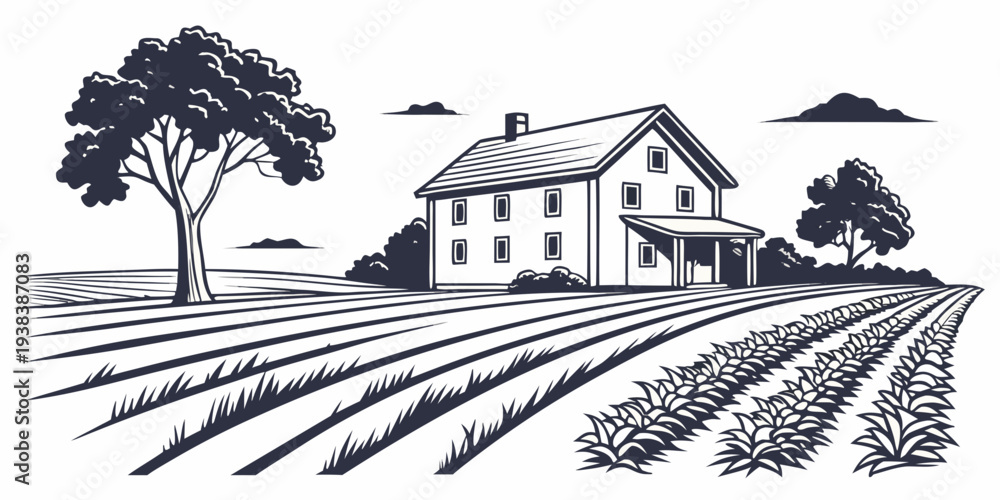 Naklejka premium A serene countryside farmhouse surrounded by vast fields and nature Vector