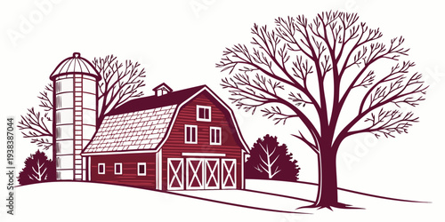 A picturesque farmhouse with a red barn and a tree in the foreground. Vector