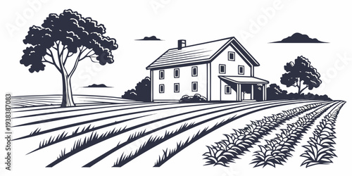 A serene countryside farmhouse surrounded by vast fields and nature Vector