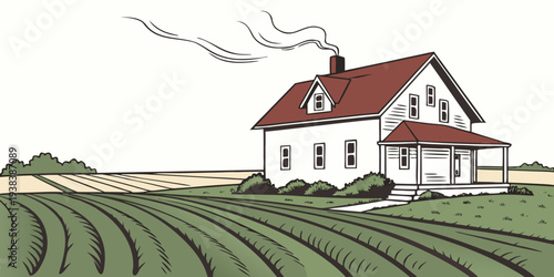 A picturesque countryside scene with a red house and a large field. Vector