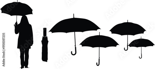 Woman with umbrella silhouette collection, rainy weather concept illustration, black vector people and umbrella icons isolated on white background