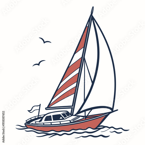 A serene sailboat gliding across a calm body of water with seagulls flying overhead Vector