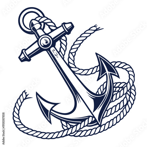 Intricate black and white illustration of an anchor with a rope Vector