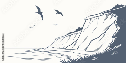 Three birds flying over a cliff by the ocean Vector