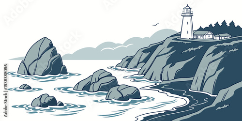 A picturesque lighthouse standing tall on a rocky cliff overlooking the vast ocean. Vector