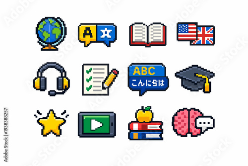 Pixel art education icons: globe, books, flags, headphones, diploma, brain
