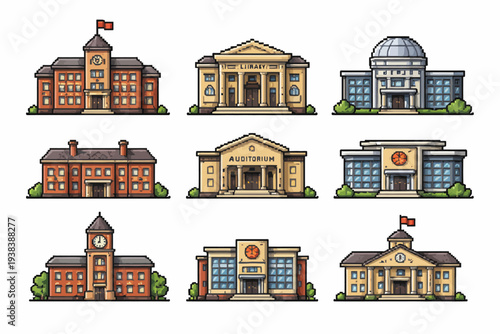 Set of nine iconic educational building illustrations with libraries and auditoriums