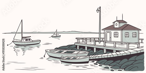 A serene scene of boats docked at a small pier on a calm body of water Vector