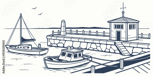 A serene scene of various boats docked at a harbor with a large ship in the background Vector