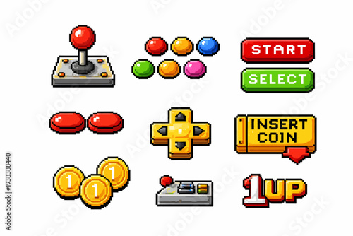 Pixel art gaming icons: joystick, buttons, insert coin, 1up