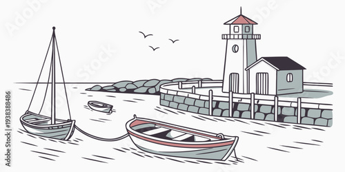 Sailboats anchored near a lighthouse on a calm, sunny day with a clear blue sky. Vector