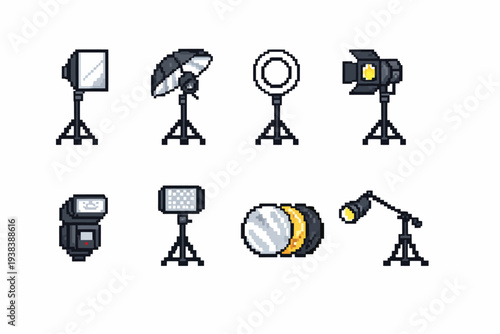 Pixel art studio lighting equipment set with softboxes and ring lights