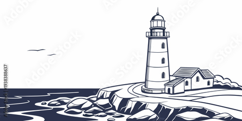 A majestic lighthouse stands tall on a rocky shore, guiding ships through the stormy sea. Vector