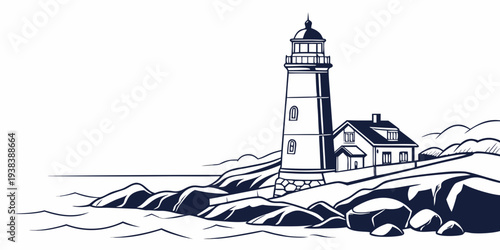 A majestic lighthouse stands tall on a rocky coastline, guiding ships through stormy seas. Vector