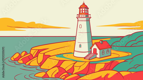 A vibrant lighthouse standing tall on a rocky shore with a colorful sunset Vector