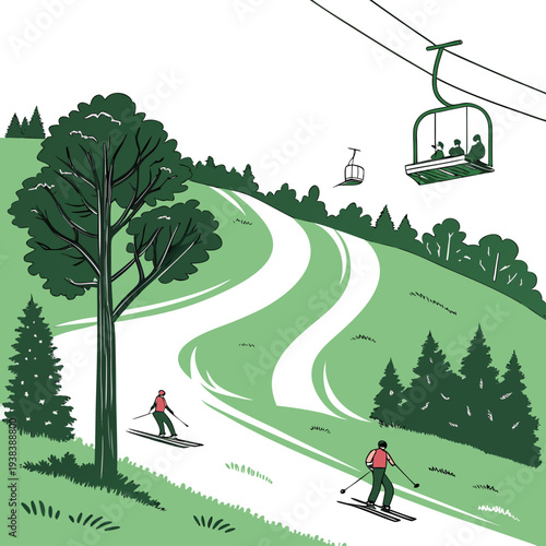 A couple skiing down a serene, snow-covered mountain slope with a ski lift overhead. Vector