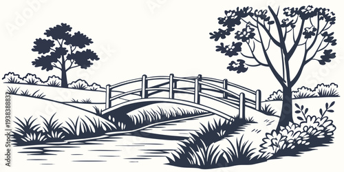 A serene landscape with a small house nestled among lush trees and rolling hills Vector