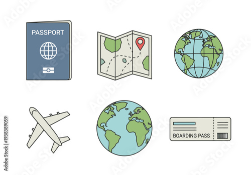 Collection of Travel Icons Including Passport Map Airplane Globes and Boarding Pass for Global Adventure and Journey Planning