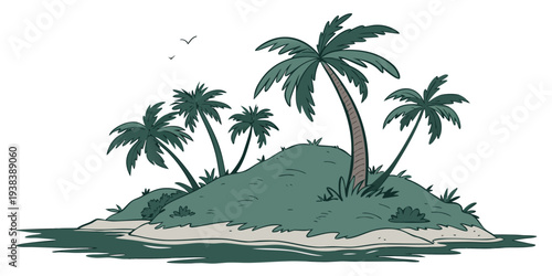 A serene tropical island with lush palm trees and a small sandy beach Vector