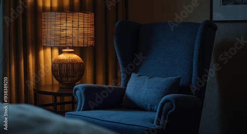 Blue cushioned wing chair a...