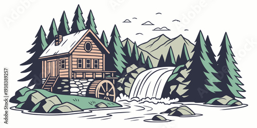 A charming rustic cabin nestled in the heart of a lush, green forest with a babbling brook nearby Vector