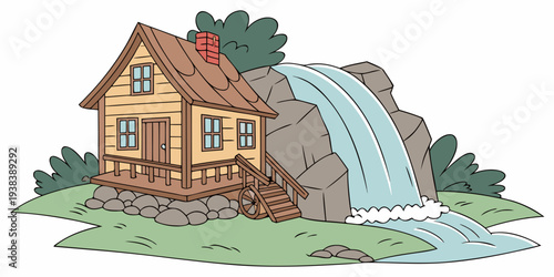 A picturesque house nestled by a cascading waterfall in a serene countryside setting Vector