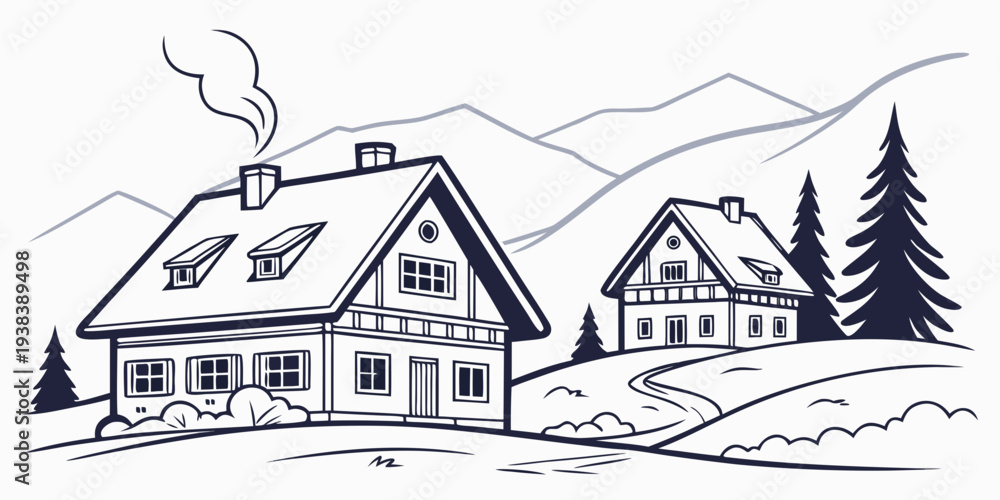 Obraz premium A picturesque winter scene featuring a charming house with a sloped roof and a cozy cabin nearby Vector