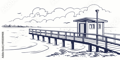 A serene scene of a wooden pier extending into a calm body of water Vector