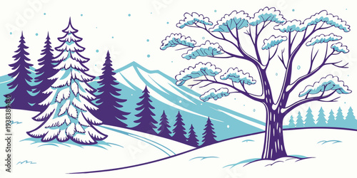 A serene winter landscape with snow-covered trees and a frozen lake reflecting the sky. Vector