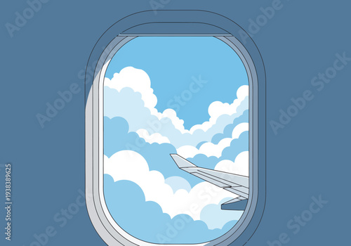 View From Airplane Window Showing Clouds And Wing Over Blue Sky During Daytime Flight Adventure