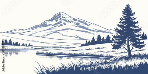Majestic mountain landscape with snow capped peaks and dense forest Vector