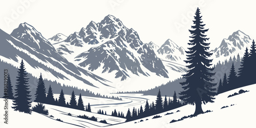 Majestic snow-capped mountains with a serene forest in the valley below Vector