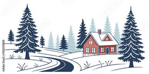 A charming red house nestled in a serene winter wonderland surrounded by tall pine trees Vector
