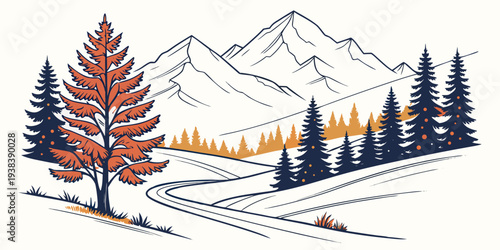 A picturesque winter scene with snow-covered trees and a cozy cabin in the mountains Vector
