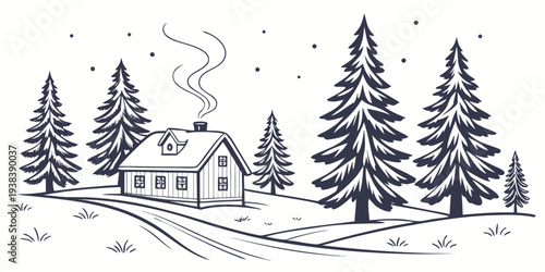 A serene winter scene with a cozy cabin nestled among tall pine trees Vector