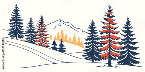 A picturesque winter landscape with a cabin nestled among tall pine trees and snow-covered mountains. Vector