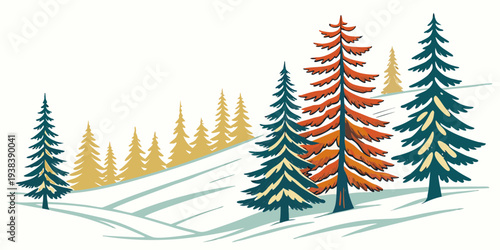 A serene winter landscape with a variety of trees and a snowy hill Vector