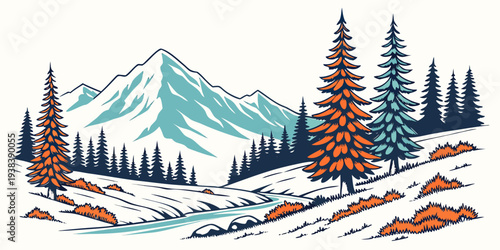 A serene winter landscape with snow-covered trees and mountains in the background Vector