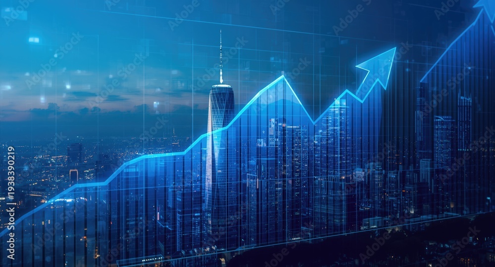 Naklejka premium Financial volume graph hologram combined with skyscraper city business theme