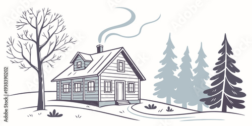 A charming log cabin nestled in a serene snowy forest landscape during winter. Vector