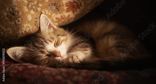 Content kitten dozing comfortably in warm light