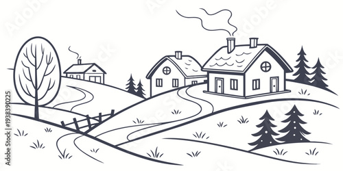 A picturesque winter scene with a cozy house nestled among tall pine trees and a winding path. Vector