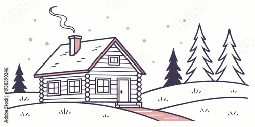 A charming log cabin nestled in a serene winter wonderland with tall pine trees Vector