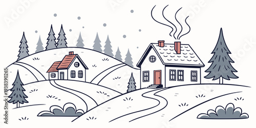 A charming winter scene with houses, trees, and a cozy atmosphere Vector