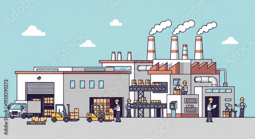 Modern factory building with smoking chimneys and workers.