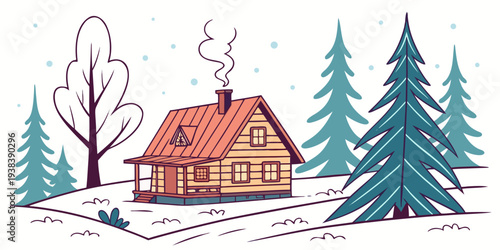A serene winter cabin nestled among tall pine trees in a snowy forest landscape. Vector