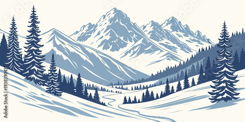 A serene winter landscape with a cozy cabin nestled among snow-covered mountains Vector